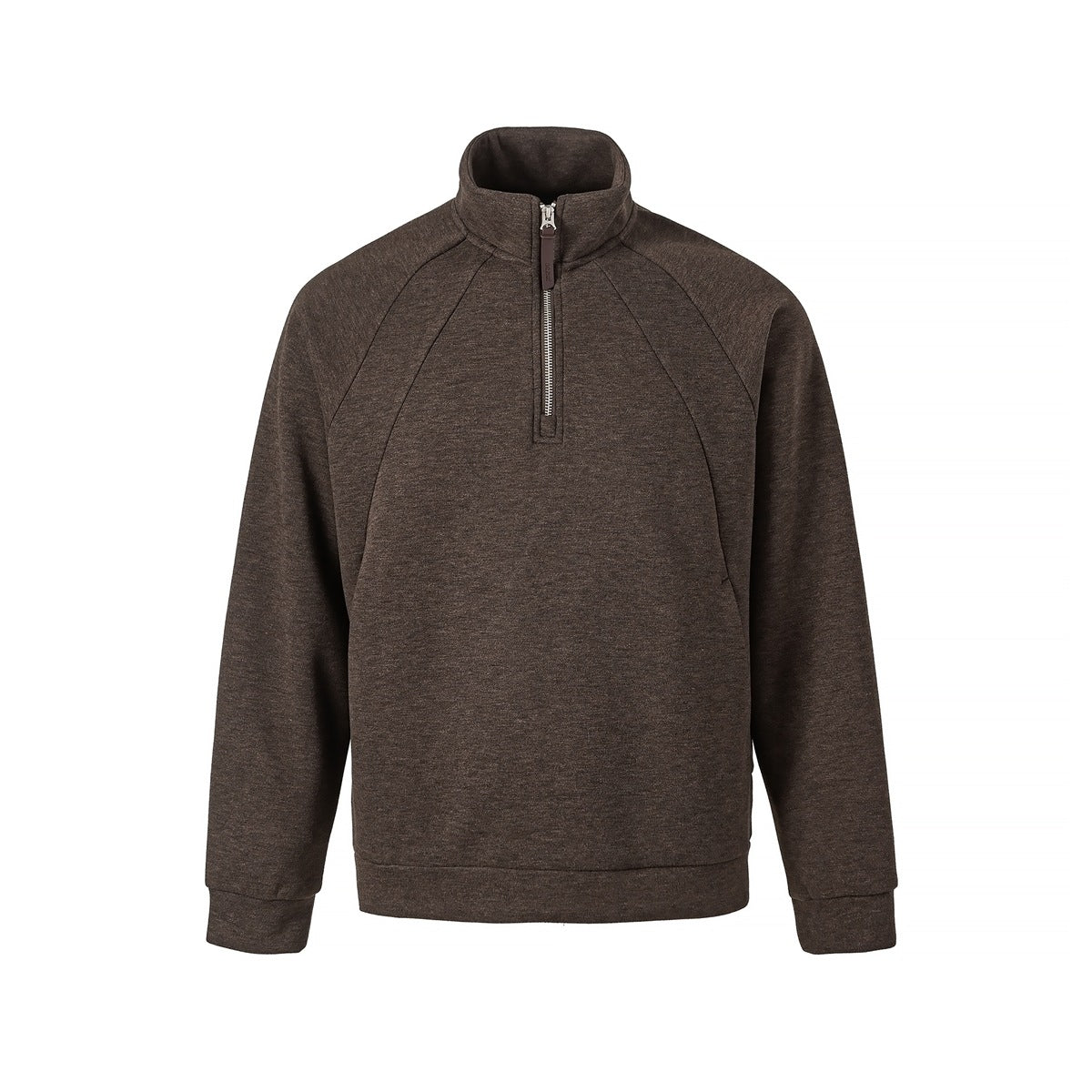 Brown heathered half-zip pullover with stand collar, raglan sleeves and ribbed cuffs, front view