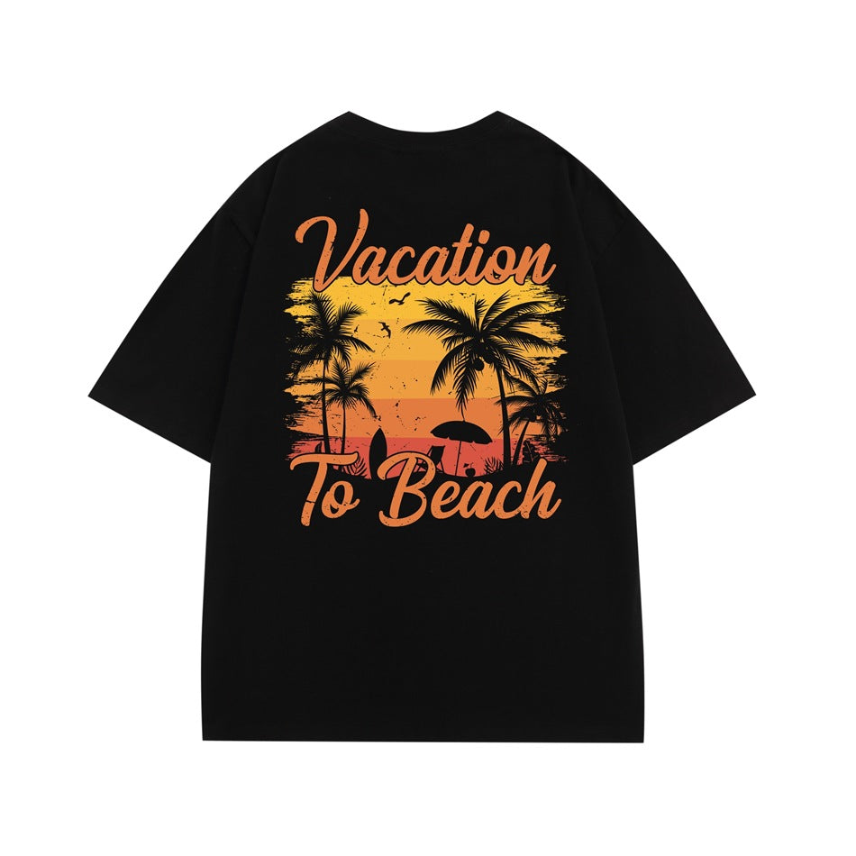 Black short-sleeve t-shirt back with orange 'Vacation To Beach' palm tree sunset graphic