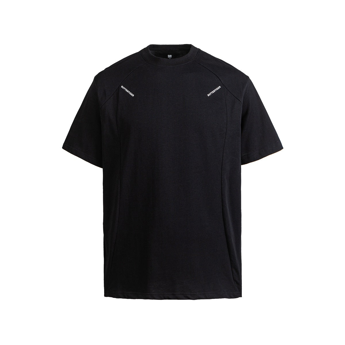 Black short-sleeve crew-neck T-shirt, front flat view, with raglan shoulder seams and small white text near each shoulder