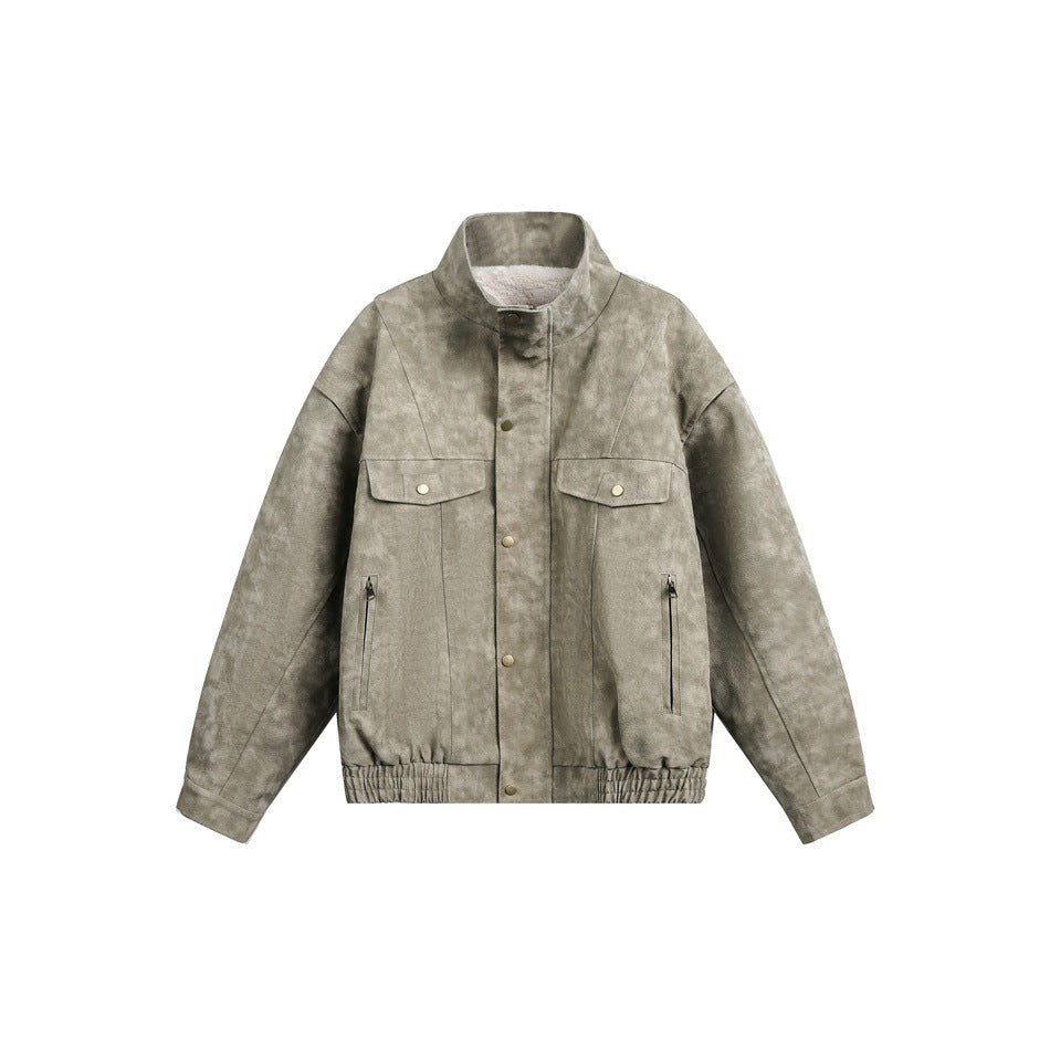 Olive-gray jacket shown from the front, with a stand collar, snap placket, flap chest pockets, and zip pockets.