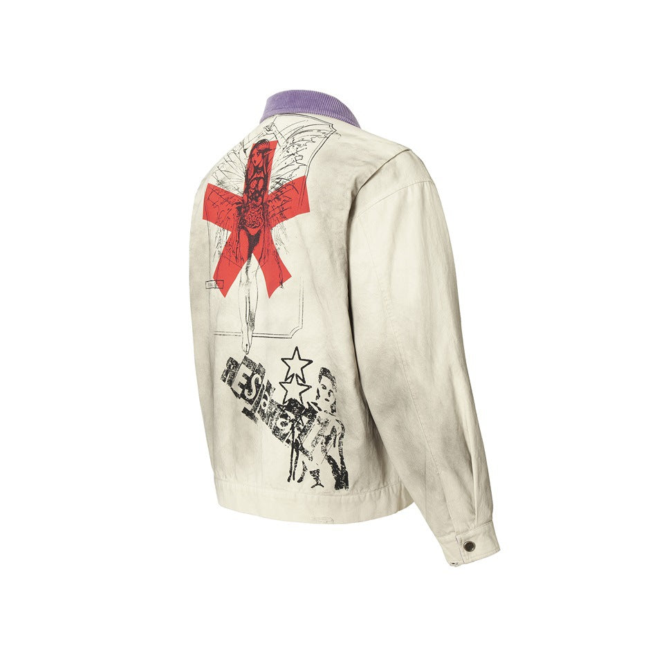 Back three-quarter view of a cream jacket with a purple collar and large red-and-black graphic prints.
