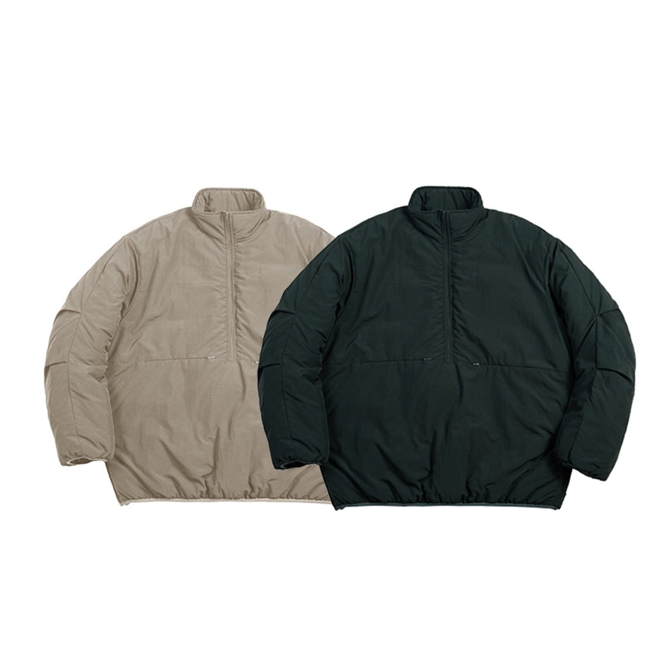 Two padded pullover jackets shown from the front in taupe and dark teal, with high collars and front pockets.