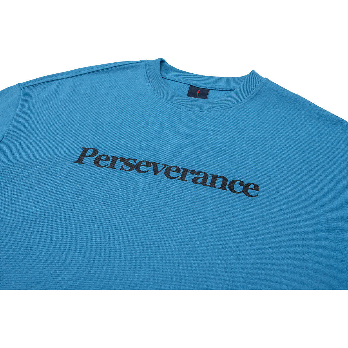 Close-up of a blue T-shirt chest with the black word “Perseverance” printed across it.