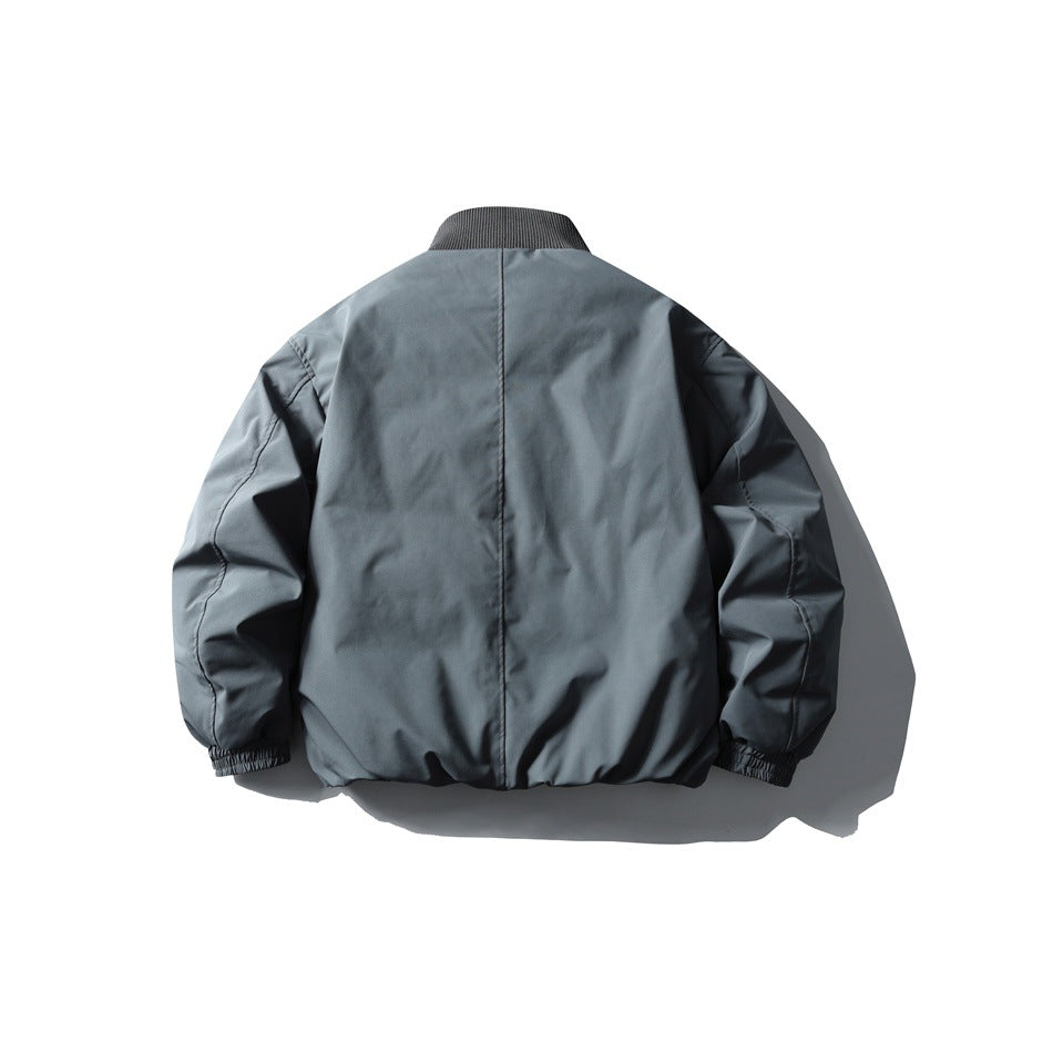 Back view of gray puffer jacket with ribbed collar, center back seam and elastic cuffs, flat lay