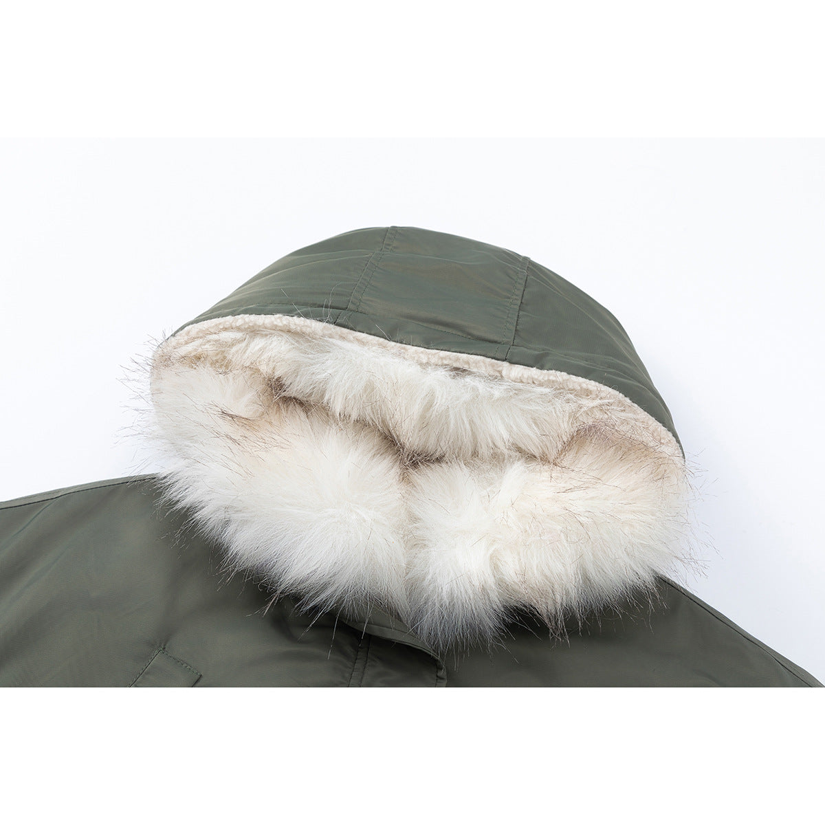 Close-up of an olive-green jacket hood with thick cream faux-fur trim and lining.