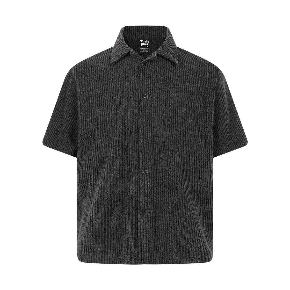 Dark charcoal gray ribbed-texture striped short-sleeve button-up shirt with collar and chest pocket, front view
