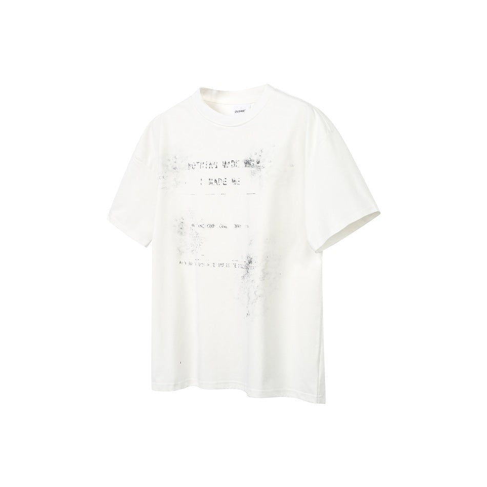 White short-sleeve crew-neck T-shirt, front view, with distressed gray text print on the chest