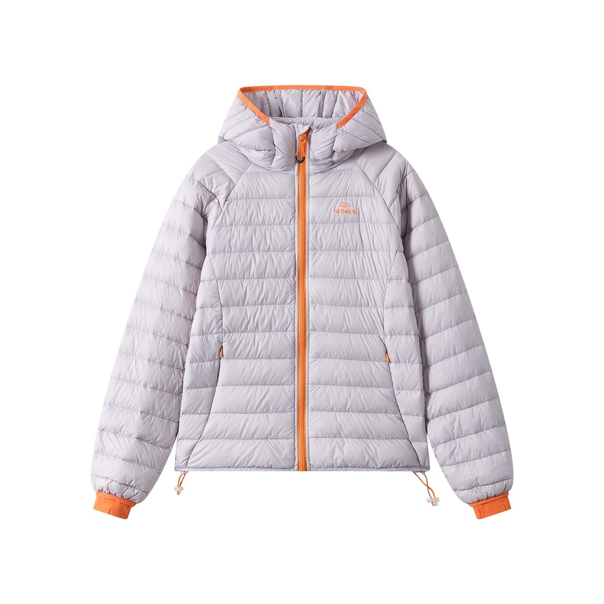 Light purple hooded quilted jacket with orange zipper, hood trim, cuffs and hem drawcords, front flat view
