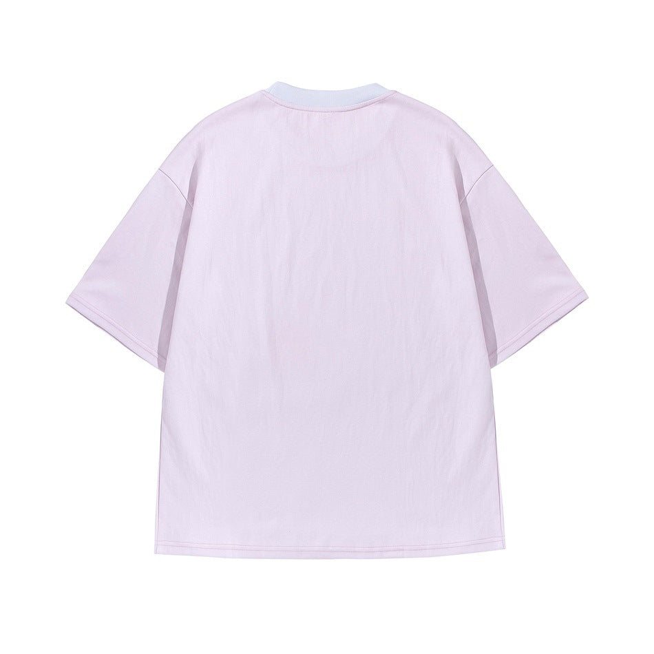 Back view of a plain pale pink short-sleeve T-shirt with a light contrasting crew neck.