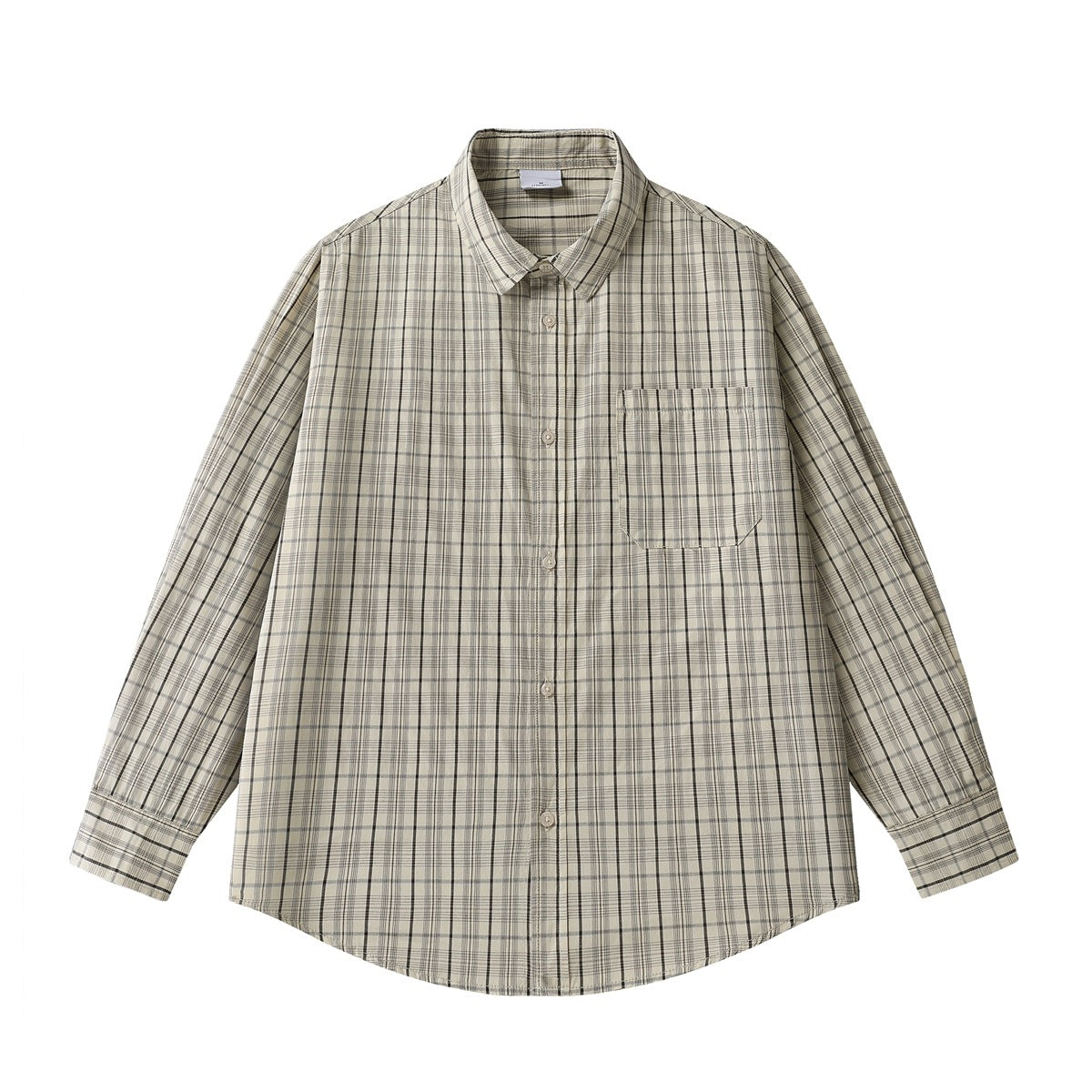 Light khaki plaid long-sleeve button-up shirt with dark and gray lines, collar and chest pocket, flat front view