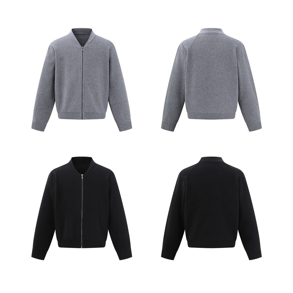 Gray and black knit zip bomber jackets shown in front and back views on a white background