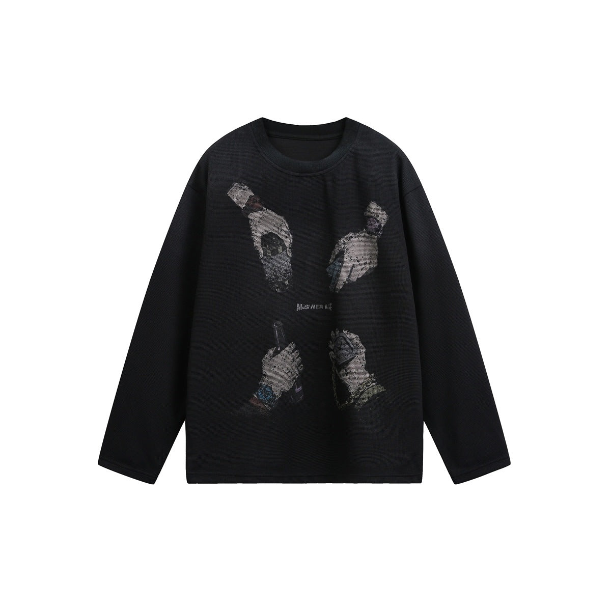Black waffle-texture crew-neck long-sleeve pullover with distressed four-hands graphic print, flat front view