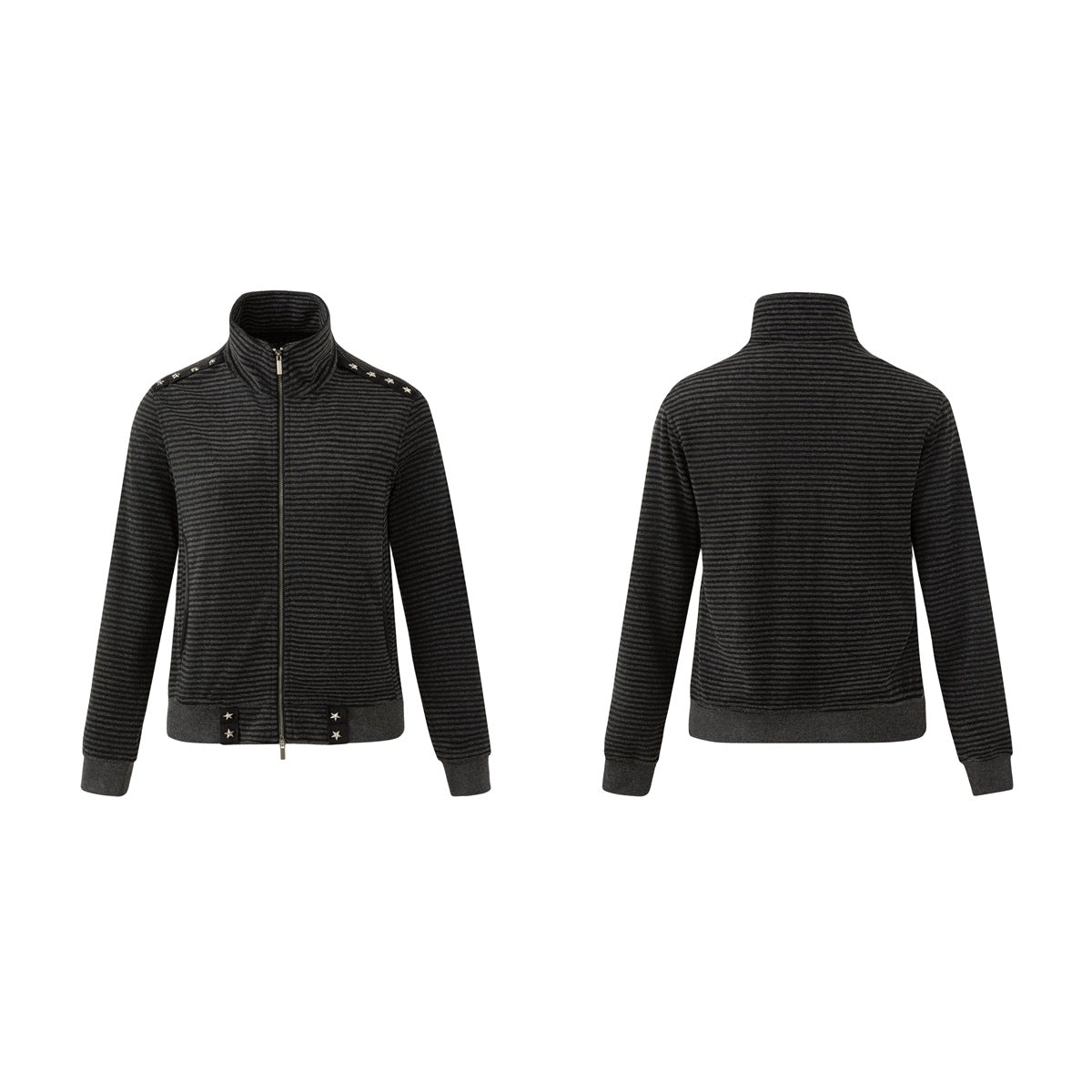 Front and back views of a charcoal striped zip-up jacket with a high collar, star-studded trim, and dark cuffs.