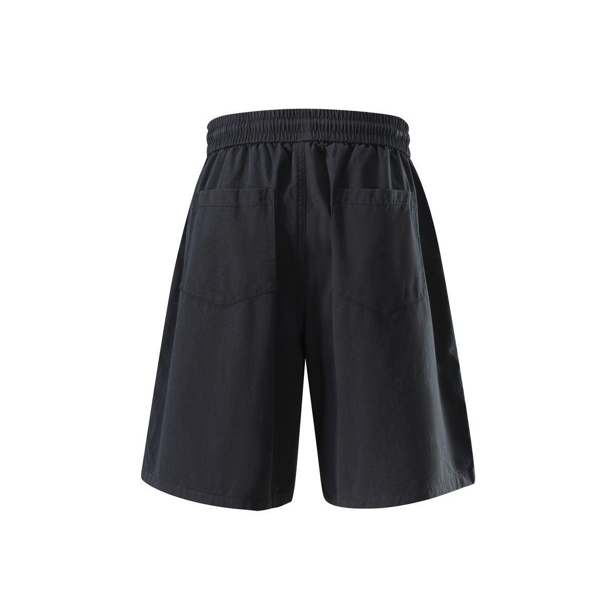 Navy wide-leg shorts back view showing elastic waistband and two patch back pockets