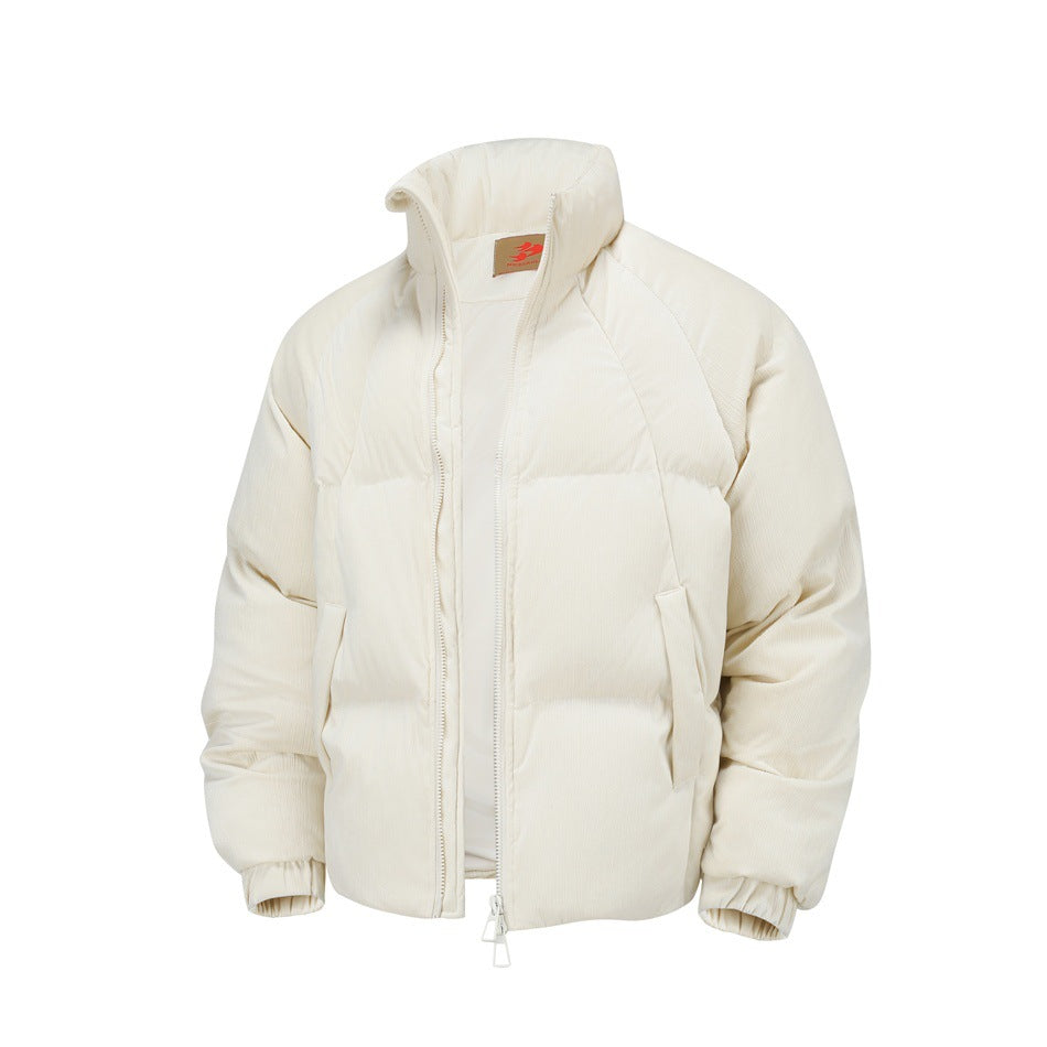 Front view of an ivory padded jacket with a high collar, front zipper, side pockets, and elastic cuffs.