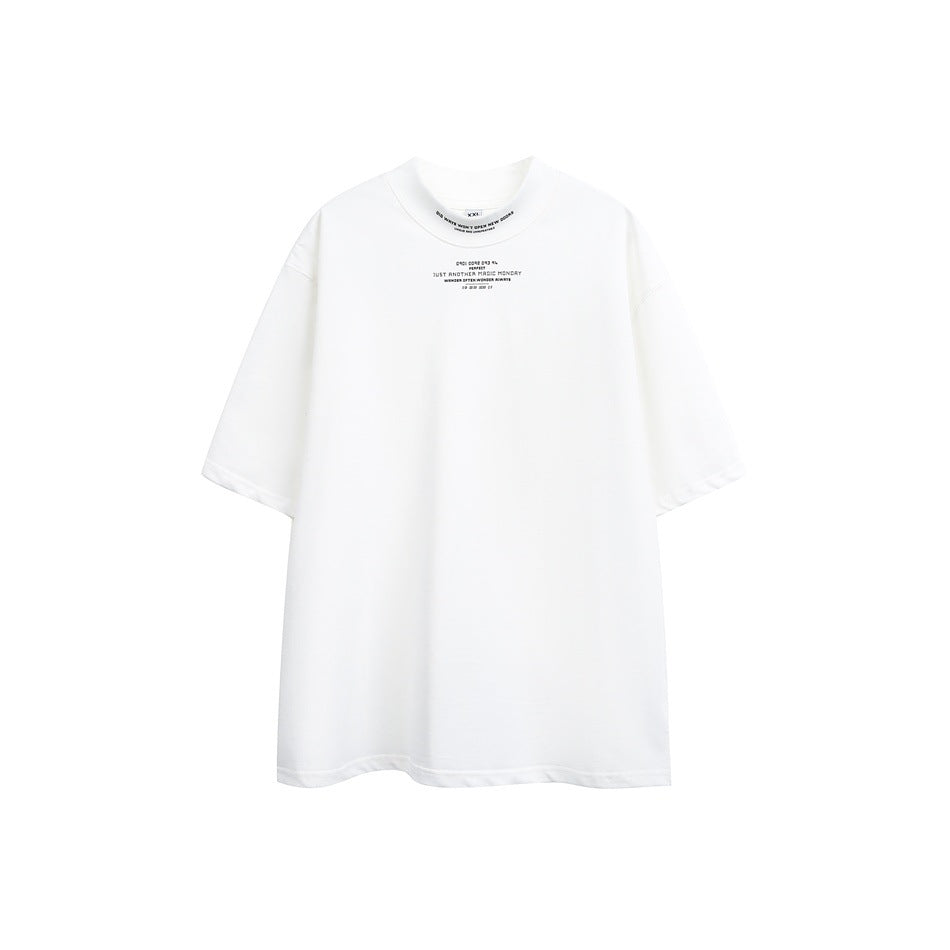 White short-sleeve mock-neck T-shirt with small black text print on the collar band and upper chest, flat front view