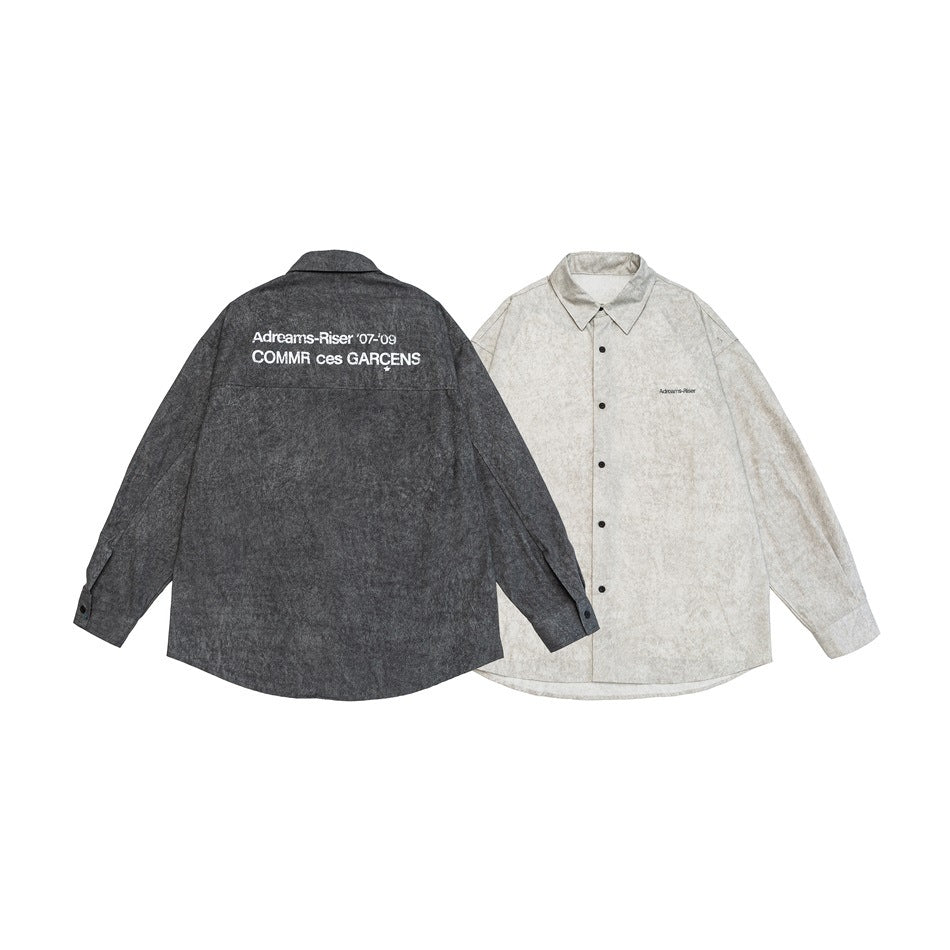 Two button-up shirts shown together: charcoal gray back view with white back lettering and pale gray front view.