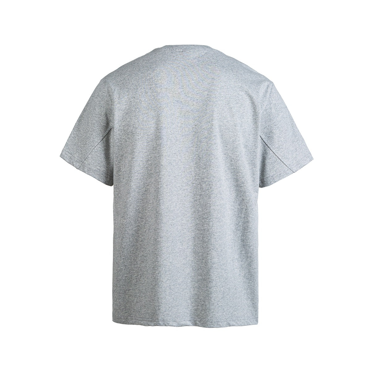 Back view of a plain heather-gray short-sleeve T-shirt with a crew neck.
