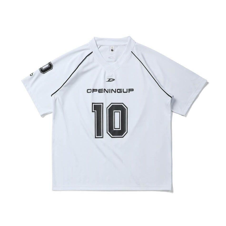 White short-sleeve V-neck jersey-style tee with black piping and large black number 10 print, flat lay front view