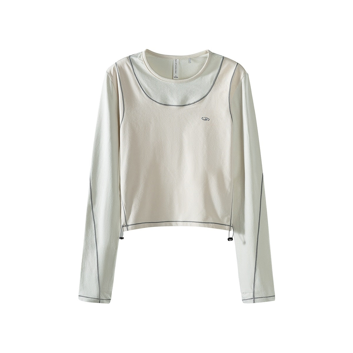 Pearl white cropped long-sleeve crew-neck top with gray contrast stitching and side drawstring toggles