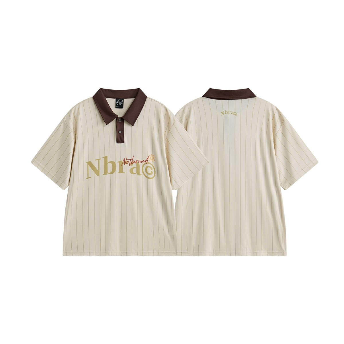 Front and back views of a cream pinstriped short-sleeve polo with a brown collar and large chest graphic.