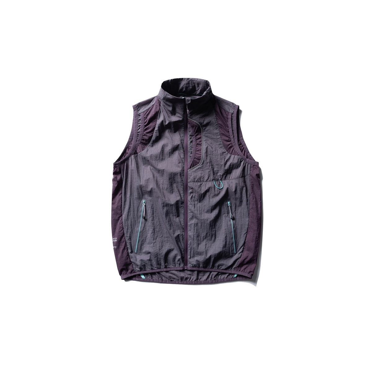 Front view of a dark plum sleeveless vest with a high collar, front zipper, and turquoise pocket details.