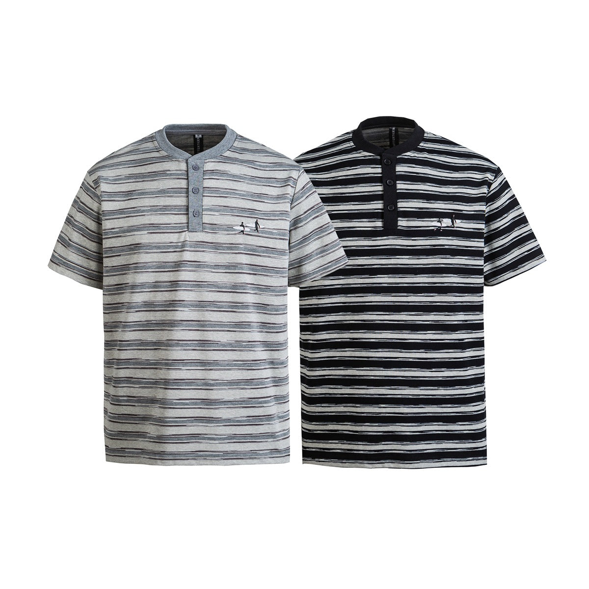 Two short-sleeve striped henley shirts: one light gray and one black, each with a three-button placket and small surfer