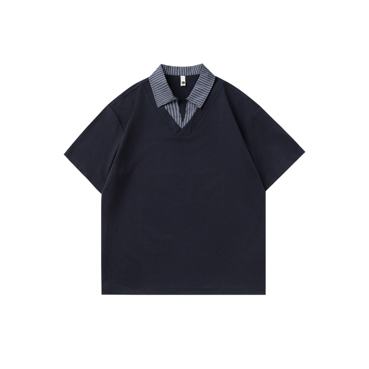 Navy short-sleeve polo-style top with gray striped faux-layered collar and V-neck, flat front view