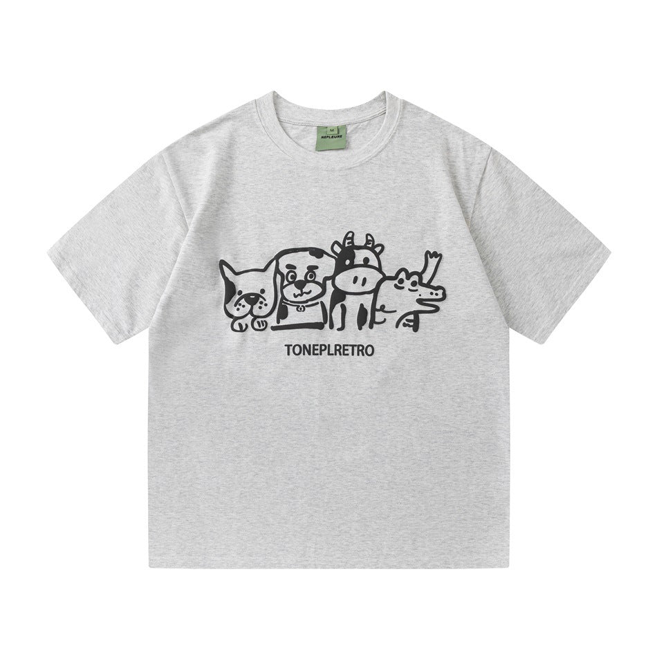 Heather gray short-sleeve crew neck T-shirt with dark cartoon dog, cow and crocodile print and TONEPLRETRO text