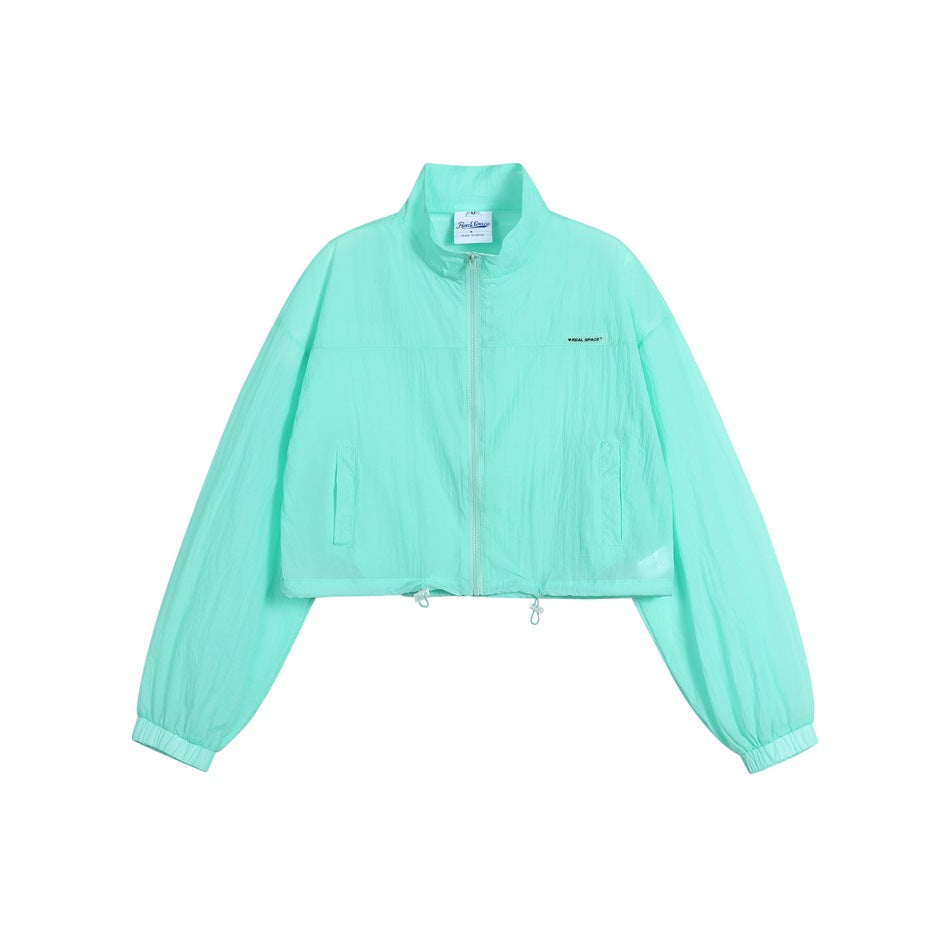 Mint green cropped zip-up jacket with stand collar, drawstring hem and elastic cuffs, flat front view