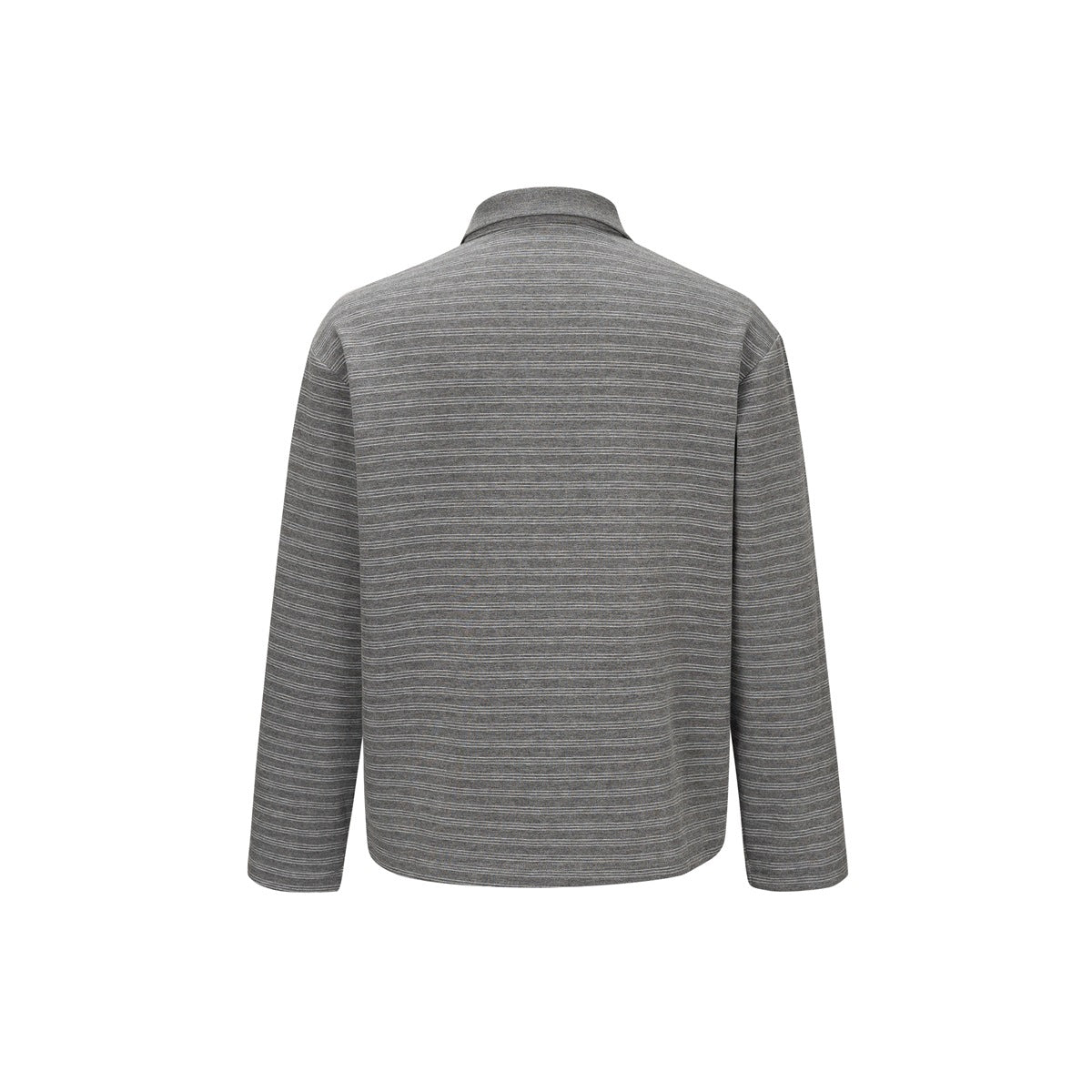 Back view of a dark gray long-sleeve polo shirt with fine horizontal stripes.