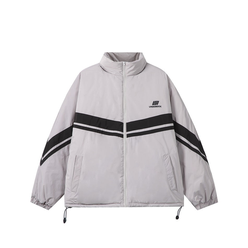 Light gray zip-up stand-collar jacket with black chevron stripes, side pockets, elastic cuffs and drawcord hem, front view