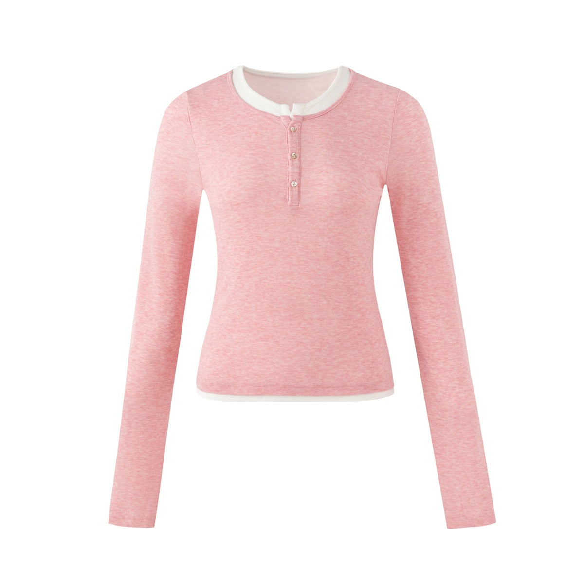 Pink heathered long-sleeve henley top with white contrast trim at neckline and hem, flat front view