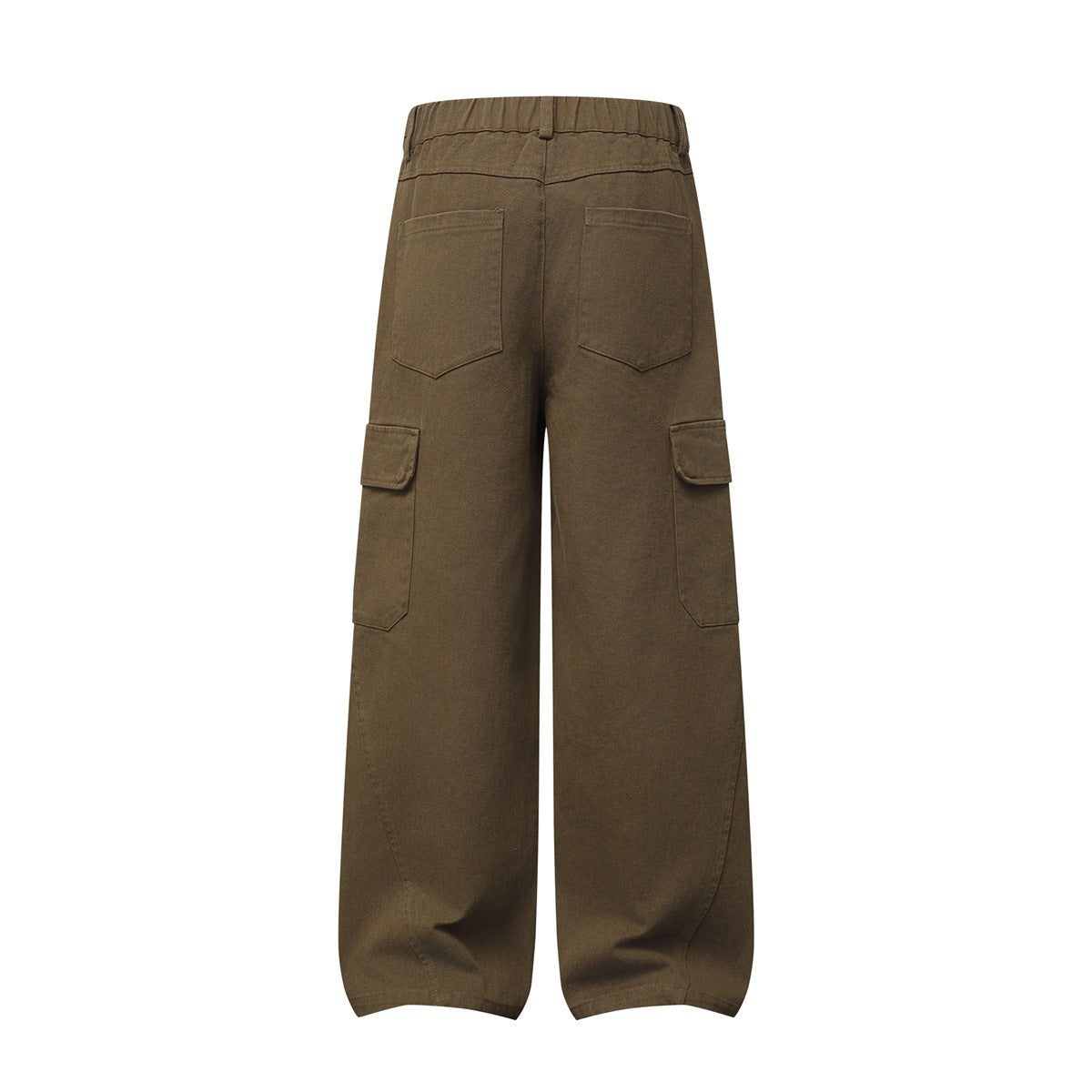 Back view of olive-brown cargo pants with elastic waistband, two patch pockets and side flap pockets