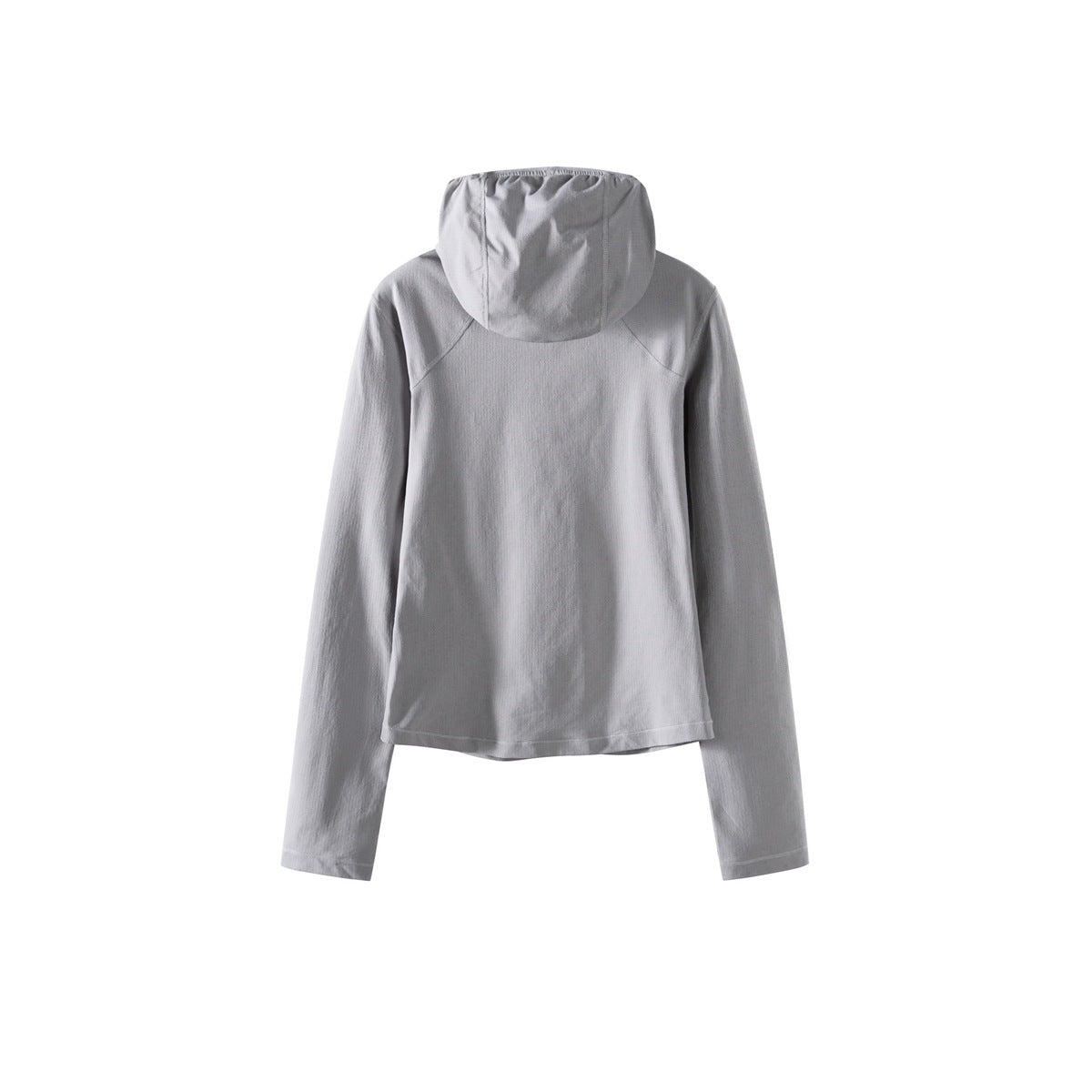 Back view of a light gray long-sleeve hooded top on a white background.
