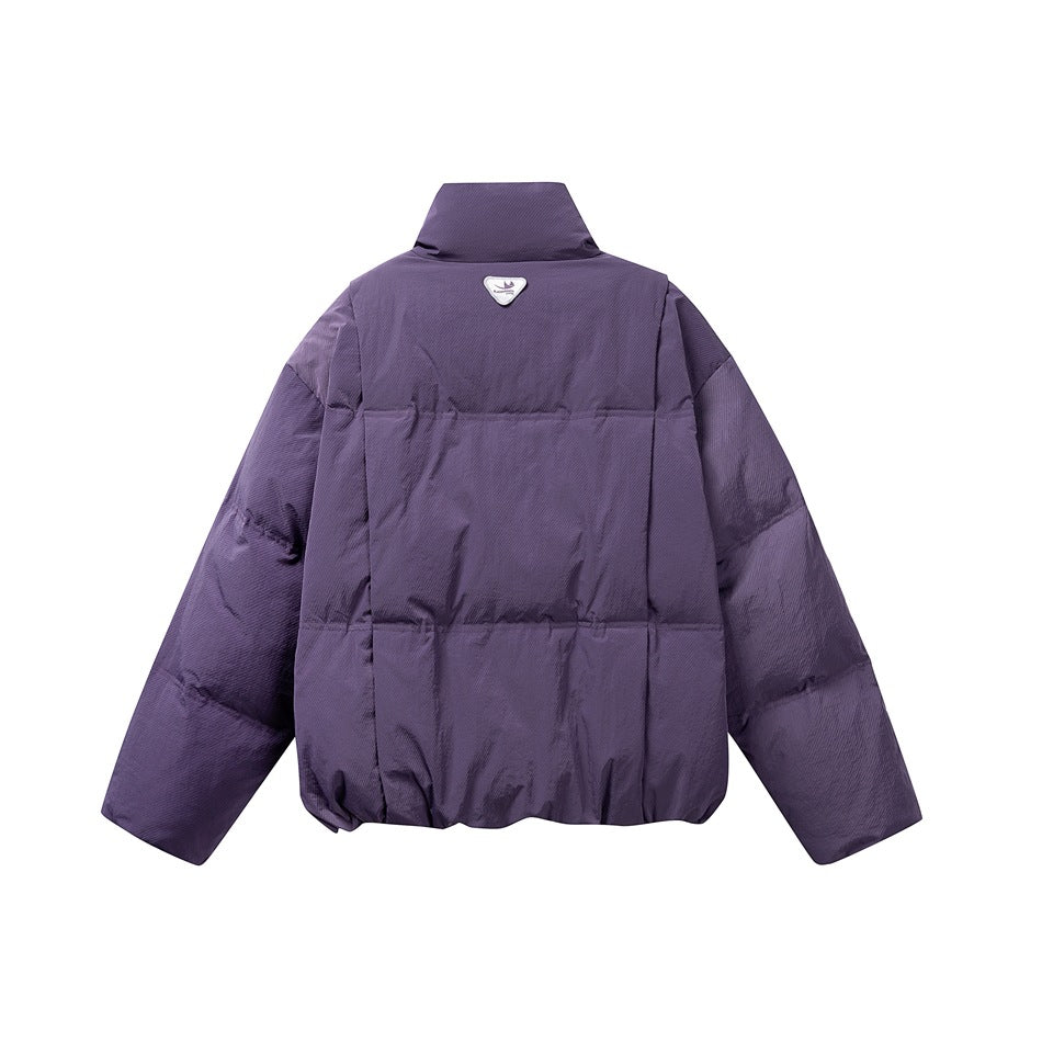 Back view of a purple quilted puffer jacket with a high collar and a small triangular patch at the upper back.