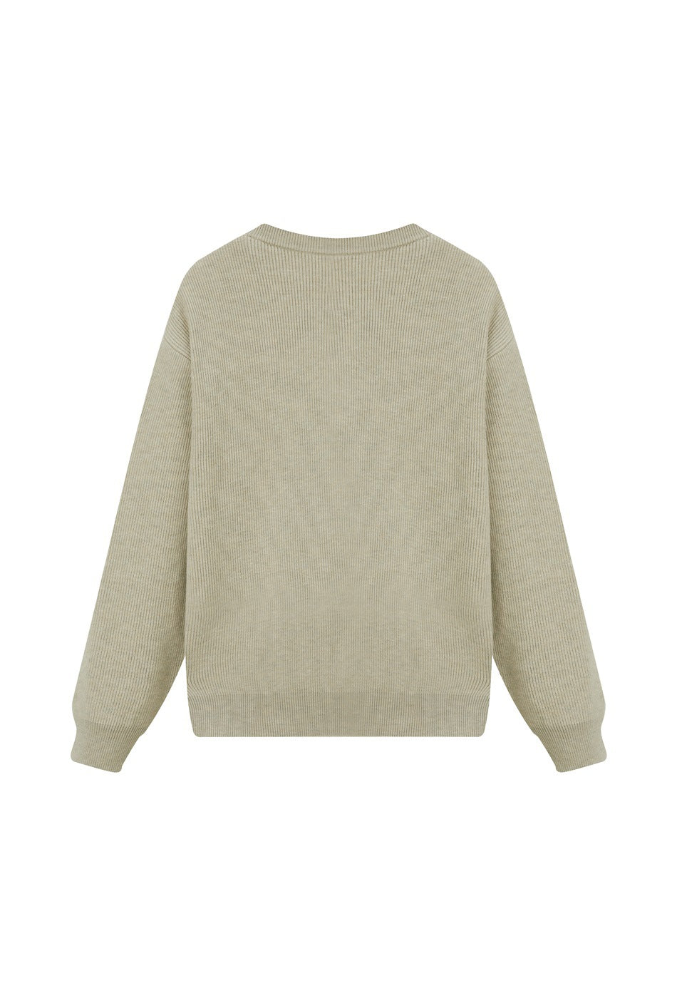 Oatmeal ribbed-knit sweater, flat back view with round neckline and ribbed cuffs and hem