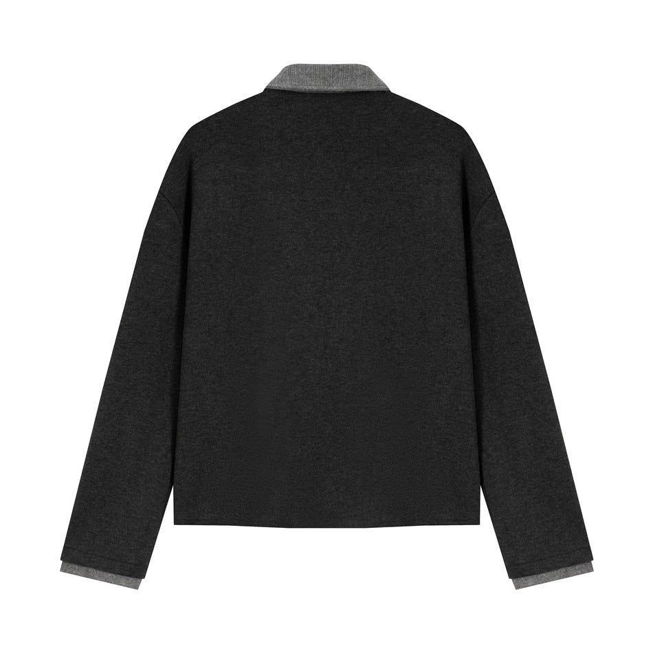 Back view of a charcoal long-sleeved jacket with a gray ribbed collar and matching cuff trim.
