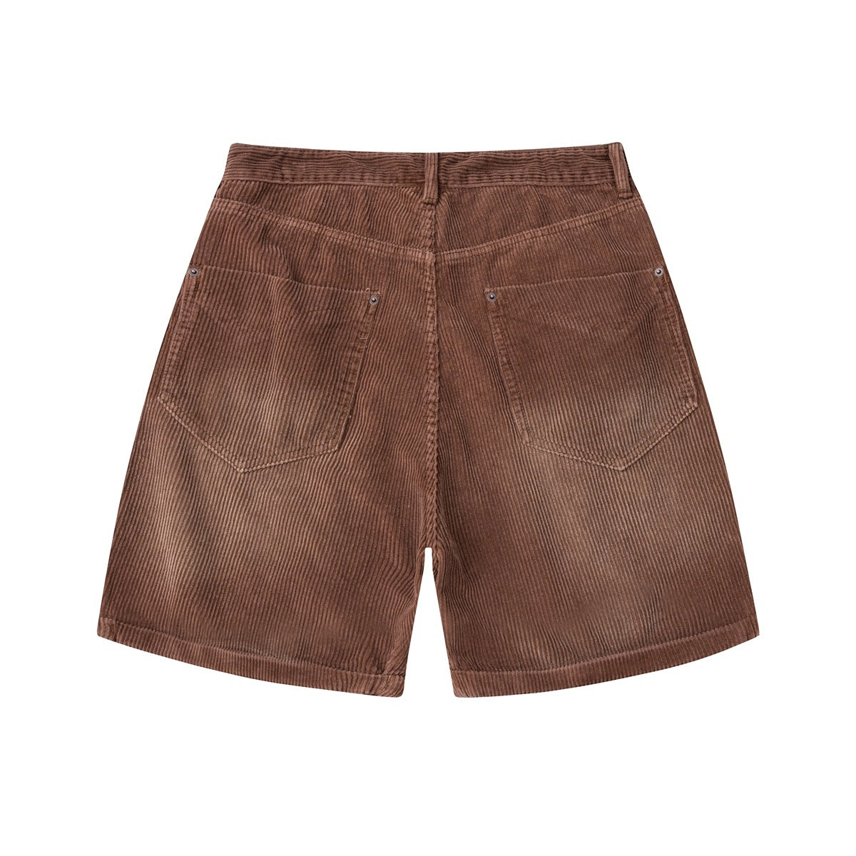 Back view of brown corduroy shorts with two large patch pockets and turned-up hems.