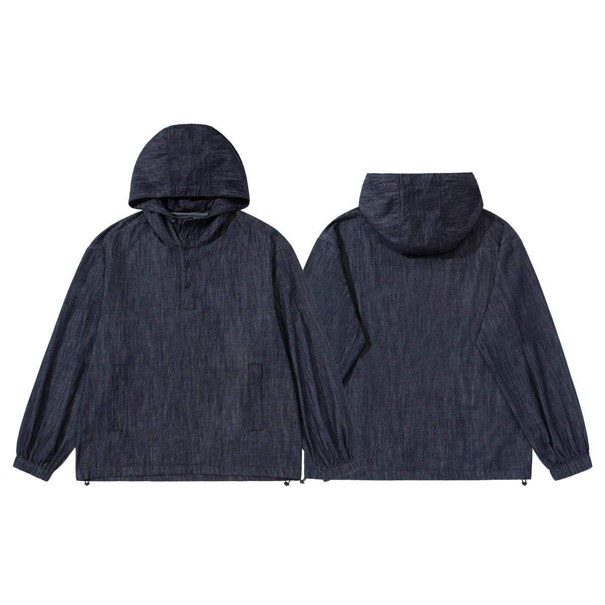 Dark indigo hooded pullover jacket shown from the front and back, with button placket and elasticated cuffs.