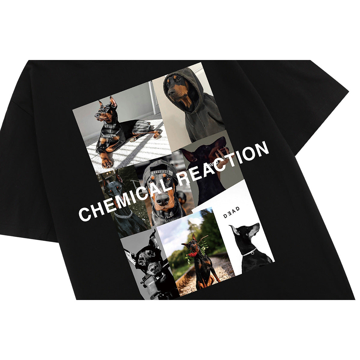 Black short-sleeve T-shirt with a large collage of Doberman photos and white lettering on the front.