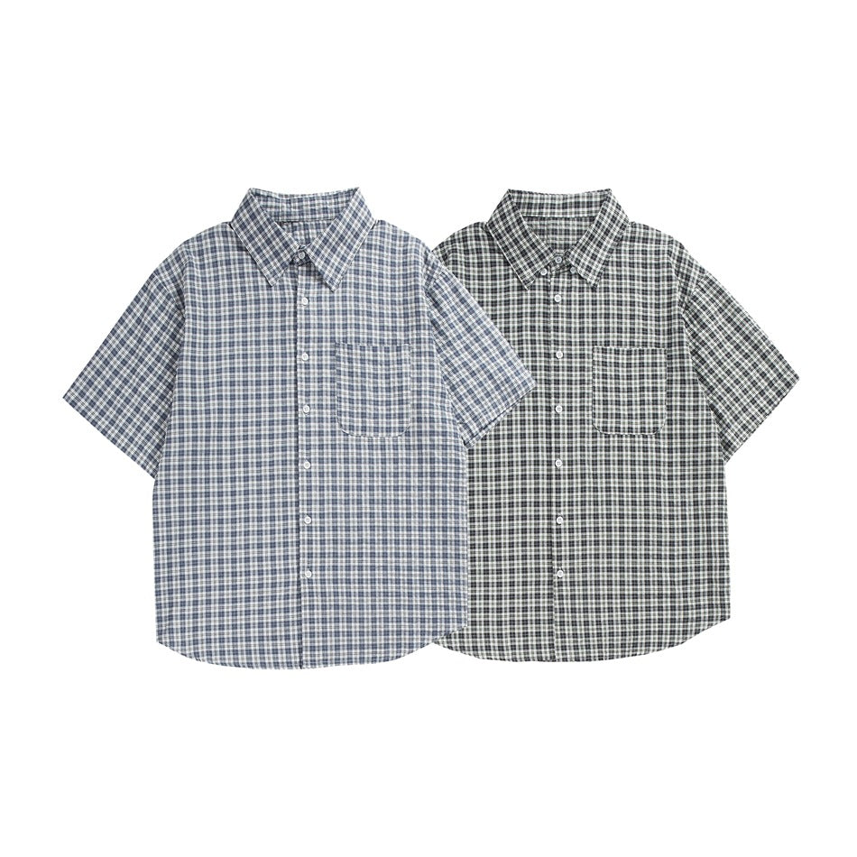Two short-sleeve button-up plaid shirts shown side by side in blue-gray and white, and dark gray and white.