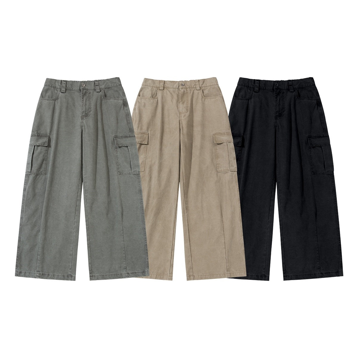 Three pairs of wide-leg cargo pants shown from the front in gray, tan, and black.