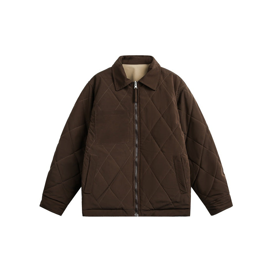 Front view of a dark brown quilted jacket with a pointed collar, zip closure, chest pocket, and side pockets.