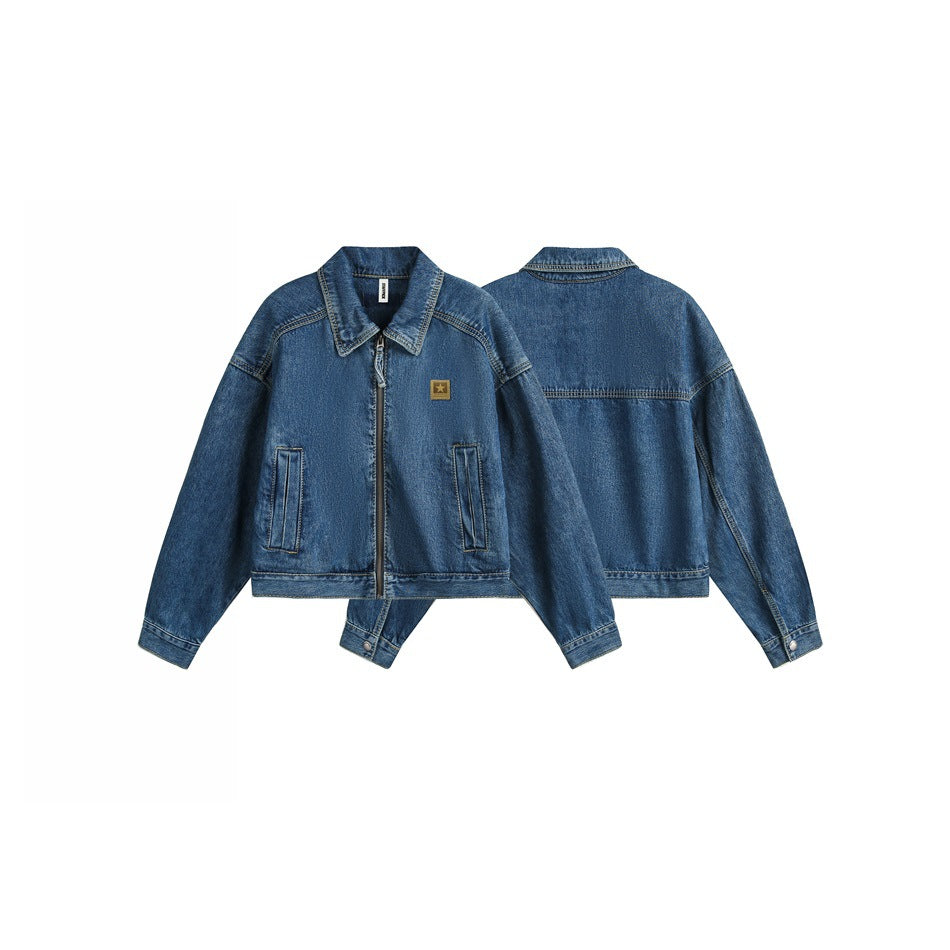 Blue denim zip jacket shown flat from the front and back against a white background.