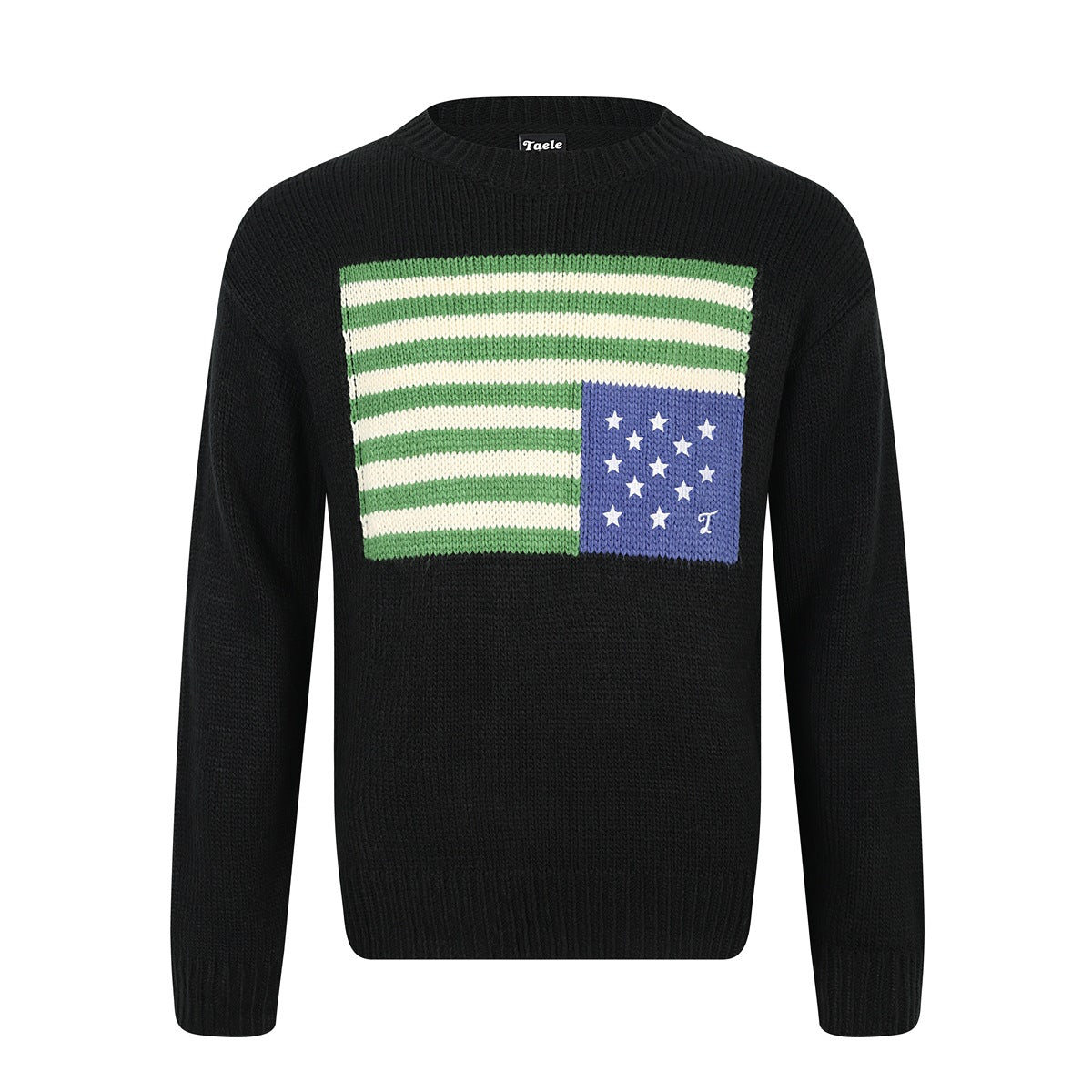 Black crewneck knit sweater with green and cream striped flag motif and blue star panel on the chest