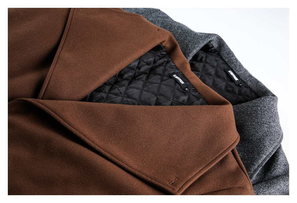 Close-up of brown and charcoal coats opened to show black diamond-quilted lining and sewn-in labels.