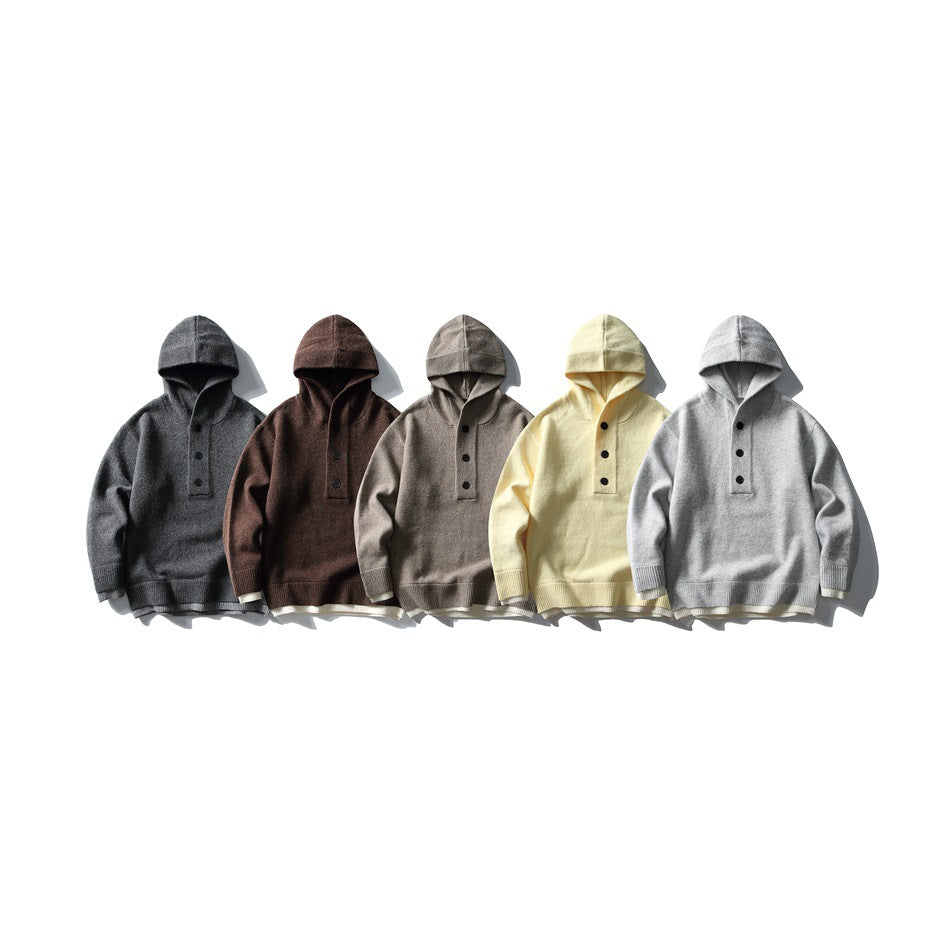 Five hooded knit pullovers arranged side by side in charcoal, brown, taupe, pale yellow, and light gray.