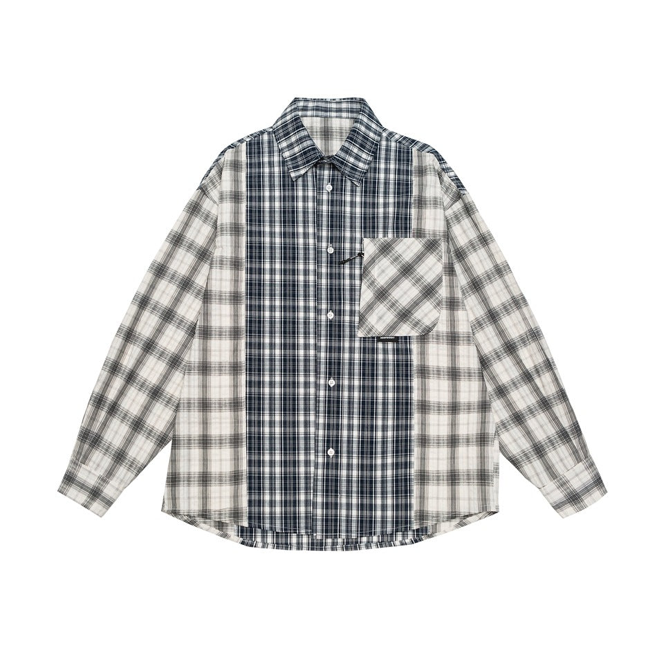 Blue and white patchwork plaid long-sleeve button-up shirt with chest patch pocket, flat front view