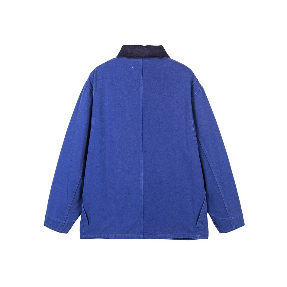 Back view of a blue work jacket with a dark contrast collar and a center-back seam.